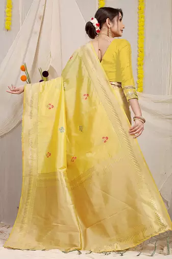 Light yellow banarasi silk blend saree with zari border & woven buti design