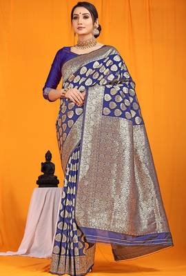 Navy blue banarasi silk blend saree with rich gold zari weaving & brocade pallu 1