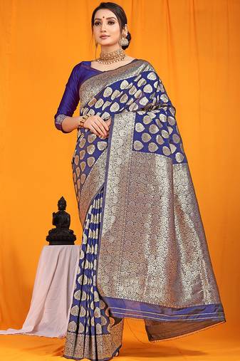 Navy blue banarasi silk blend saree with rich gold zari weaving & brocade pallu
