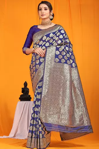 Navy blue banarasi silk blend saree with rich gold zari weaving & brocade pallu
