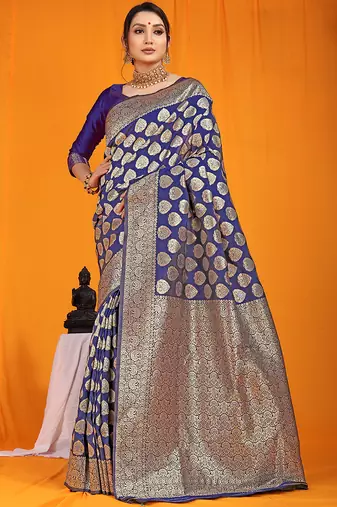 Navy blue banarasi silk blend saree with rich gold zari weaving & brocade pallu