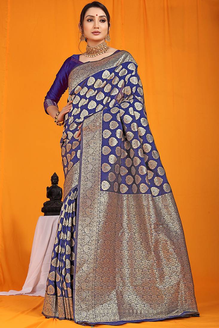 Navy blue banarasi silk blend saree with rich gold zari weaving & brocade pallu