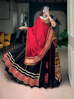 Black Rayon Gamthi Kutchi Embroidered free size Lehenga Choli with Red Bandhej Dupatta for Navratri & Garba 1
