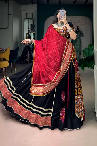 Black Rayon Gamthi Kutchi Embroidered free size Lehenga Choli with Red Bandhej Dupatta for Navratri & Garba
