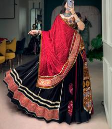 Black Rayon Gamthi Kutchi Embroidered free size Lehenga Choli with Red Bandhej Dupatta for Navratri & Garba