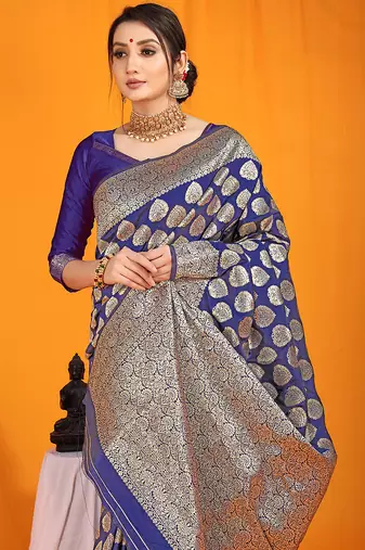 Navy blue banarasi silk blend saree with rich gold zari weaving & brocade pallu