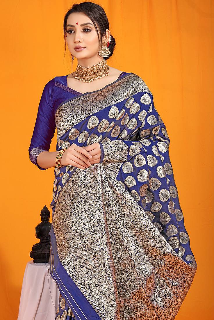 Navy blue banarasi silk blend saree with rich gold zari weaving & brocade pallu