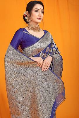 Navy blue banarasi silk blend saree with rich gold zari weaving & brocade pallu 4