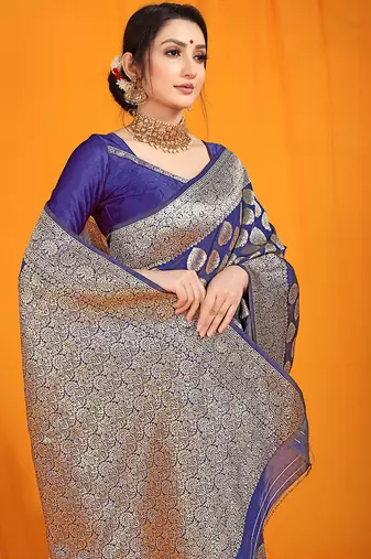Navy blue banarasi silk blend saree with rich gold zari weaving & brocade pallu