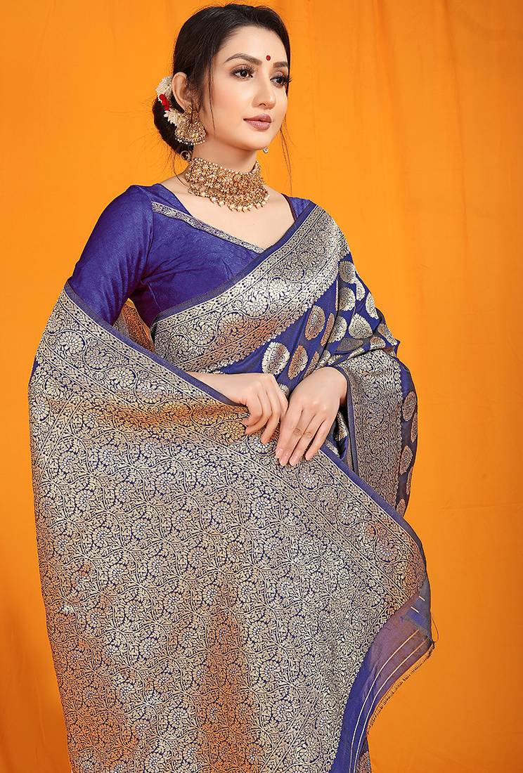 Navy blue banarasi silk blend saree with rich gold zari weaving & brocade pallu