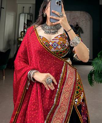 Black Rayon Gamthi Kutchi Embroidered free size Lehenga Choli with Red Bandhej Dupatta for Navratri & Garba 2