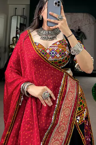 Black Rayon Gamthi Kutchi Embroidered free size Lehenga Choli with Red Bandhej Dupatta for Navratri & Garba