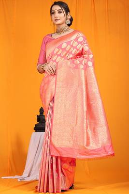 Pink banarasi silk blend saree with rich gold zari weaving & brocade pallu 1