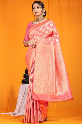 Pink banarasi silk blend saree with rich gold zari weaving & brocade pallu