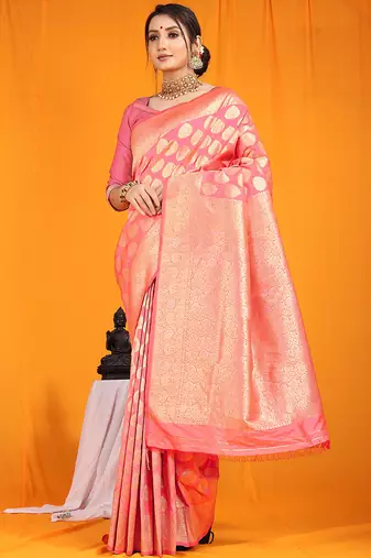 Pink banarasi silk blend saree with rich gold zari weaving & brocade pallu