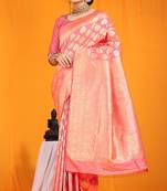 Pink banarasi silk blend saree with rich gold zari weaving & brocade pallu
