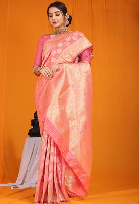 Pink banarasi silk blend saree with rich gold zari weaving & brocade pallu 2