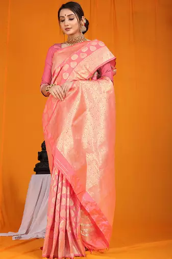 Pink banarasi silk blend saree with rich gold zari weaving & brocade pallu