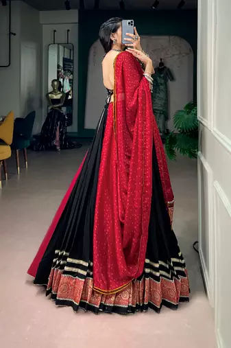 Black Rayon Gamthi Kutchi Embroidered free size Lehenga Choli with Red Bandhej Dupatta for Navratri & Garba