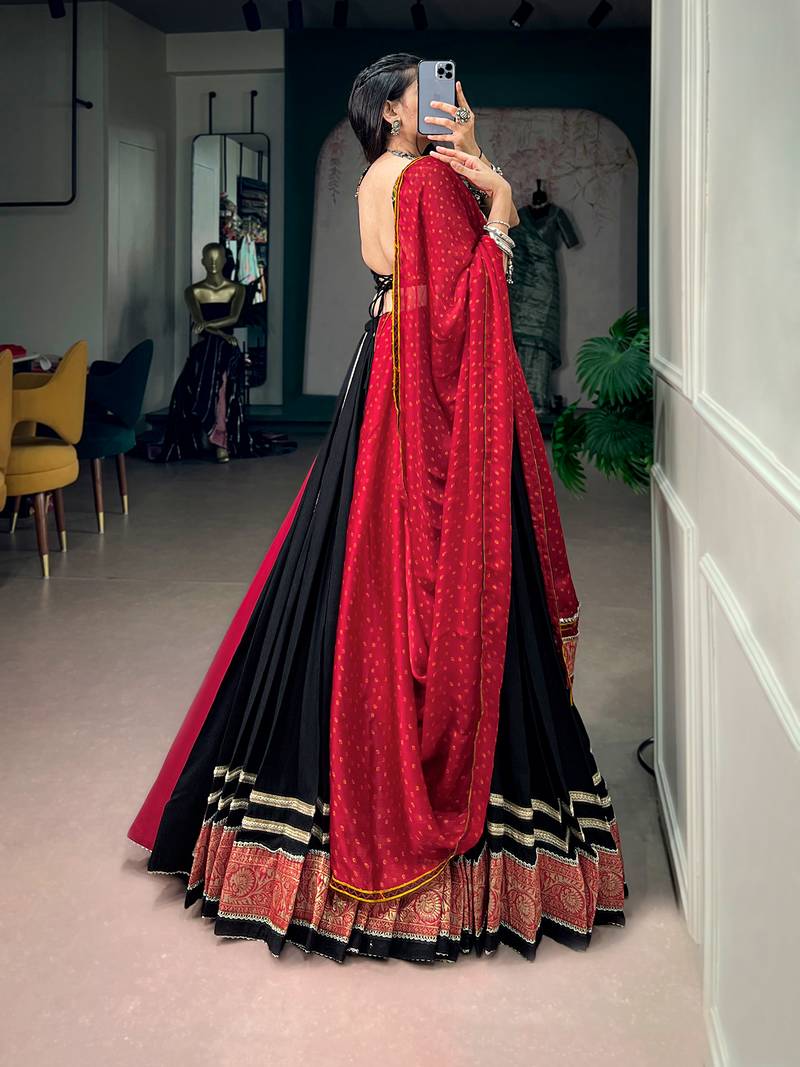 Black Rayon Gamthi Kutchi Embroidered free size Lehenga Choli with Red Bandhej Dupatta for Navratri & Garba