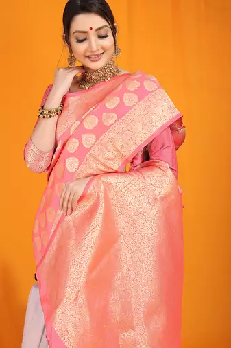 Pink banarasi silk blend saree with rich gold zari weaving & brocade pallu