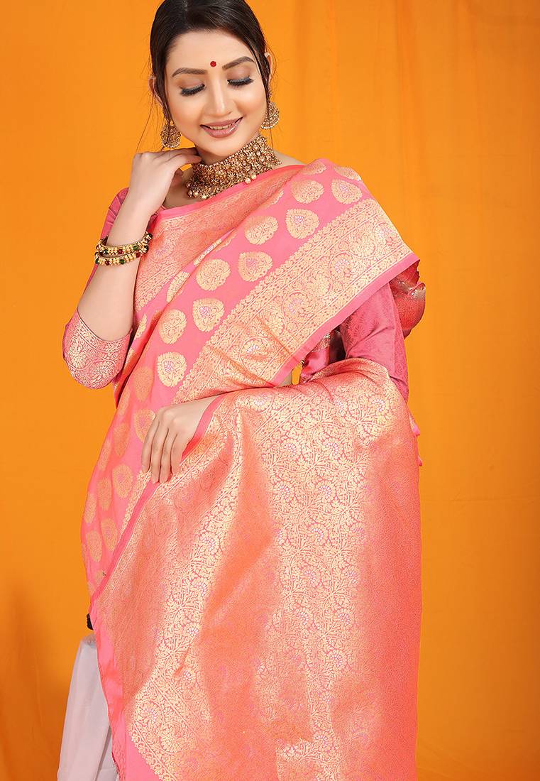 Pink banarasi silk blend saree with rich gold zari weaving & brocade pallu