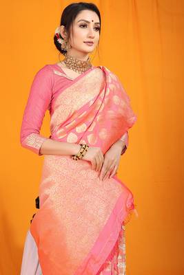 Pink banarasi silk blend saree with rich gold zari weaving & brocade pallu 4