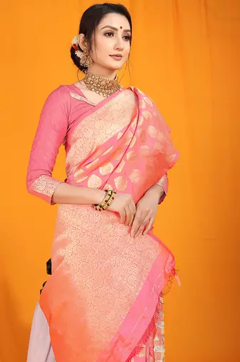 Pink banarasi silk blend saree with rich gold zari weaving & brocade pallu