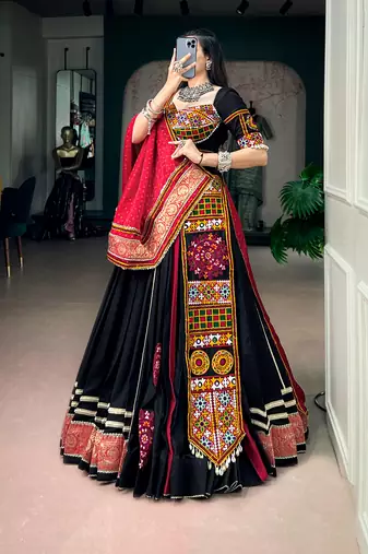 Black Rayon Gamthi Kutchi Embroidered free size Lehenga Choli with Red Bandhej Dupatta for Navratri & Garba