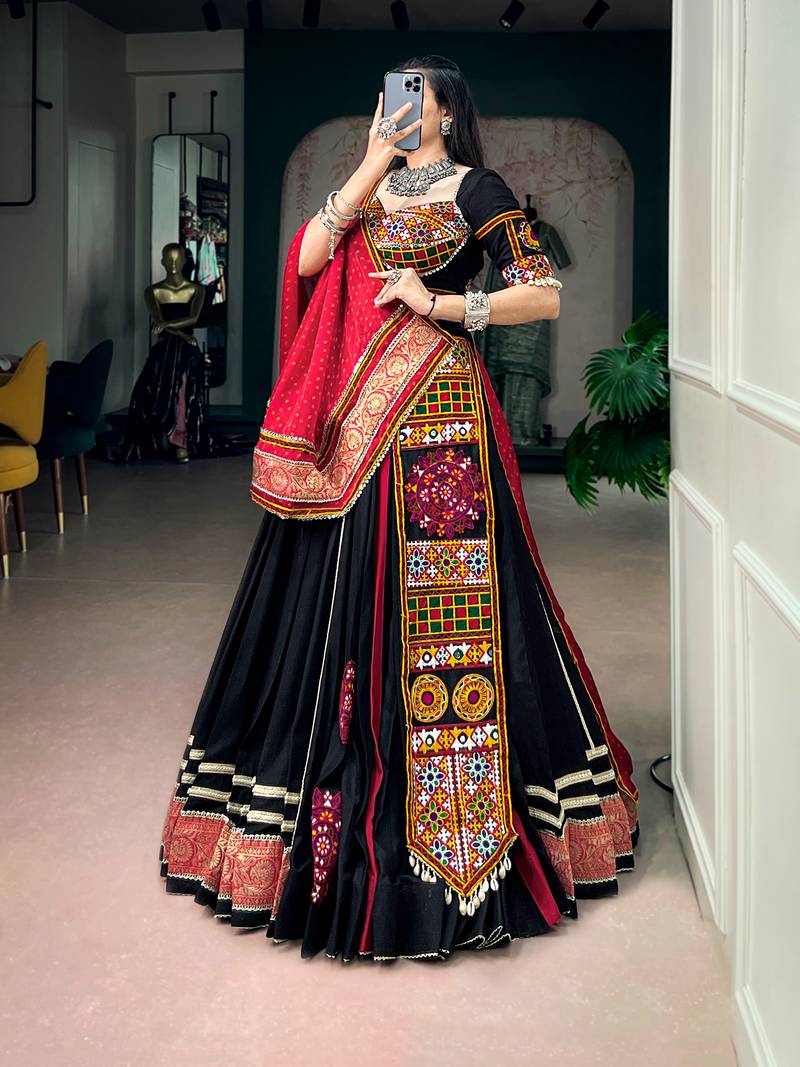 Black Rayon Gamthi Kutchi Embroidered free size Lehenga Choli with Red Bandhej Dupatta for Navratri & Garba
