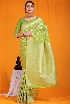 Light green banarasi silk blend saree with rich gold zari weaving & brocade pallu 1