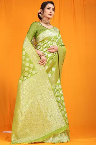 Light green banarasi silk blend saree with rich gold zari weaving & brocade pallu