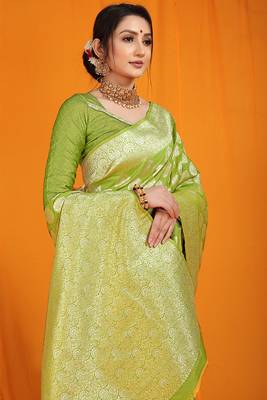 Light green banarasi silk blend saree with rich gold zari weaving & brocade pallu 3