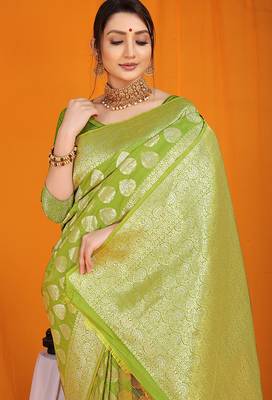 Light green banarasi silk blend saree with rich gold zari weaving & brocade pallu 4