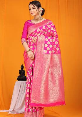 Rani pink banarasi silk blend saree with rich gold zari weaving & brocade pallu 1