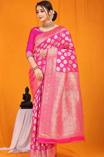 Rani pink banarasi silk blend saree with rich gold zari weaving & brocade pallu