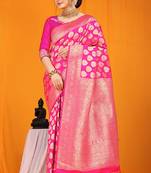 Rani pink banarasi silk blend saree with rich gold zari weaving & brocade pallu