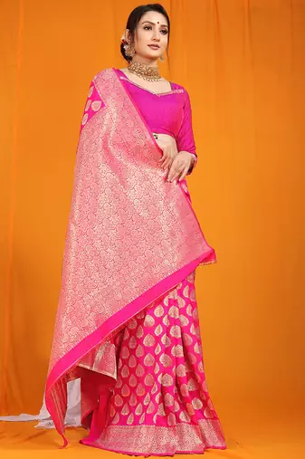 Rani pink banarasi silk blend saree with rich gold zari weaving & brocade pallu