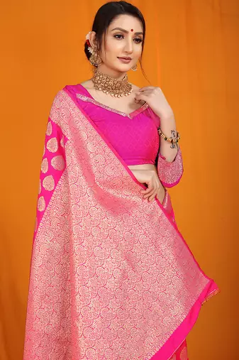 Rani pink banarasi silk blend saree with rich gold zari weaving & brocade pallu