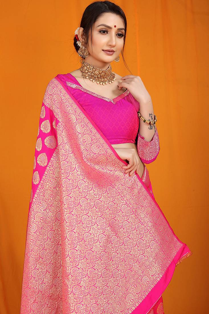 Rani pink banarasi silk blend saree with rich gold zari weaving & brocade pallu