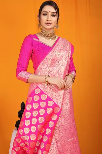 Rani pink banarasi silk blend saree with rich gold zari weaving & brocade pallu