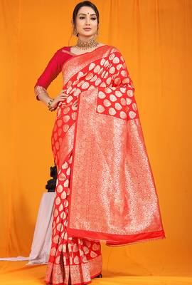 Red banarasi silk blend saree with rich gold zari weaving & brocade pallu 1