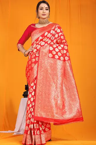 Red banarasi silk blend saree with rich gold zari weaving & brocade pallu