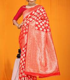 Red banarasi silk blend saree with rich gold zari weaving & brocade pallu