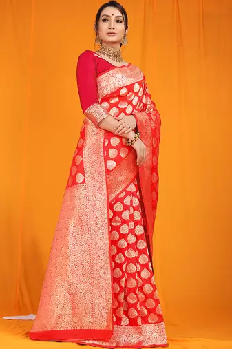 Red banarasi silk blend saree with rich gold zari weaving & brocade pallu