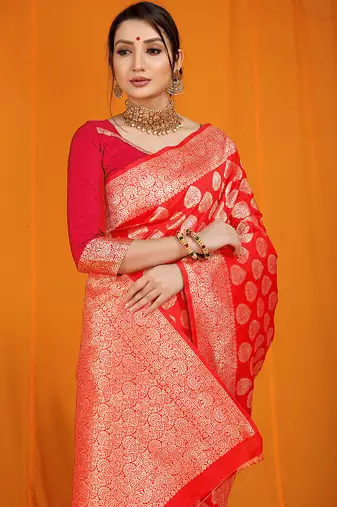 Red banarasi silk blend saree with rich gold zari weaving & brocade pallu