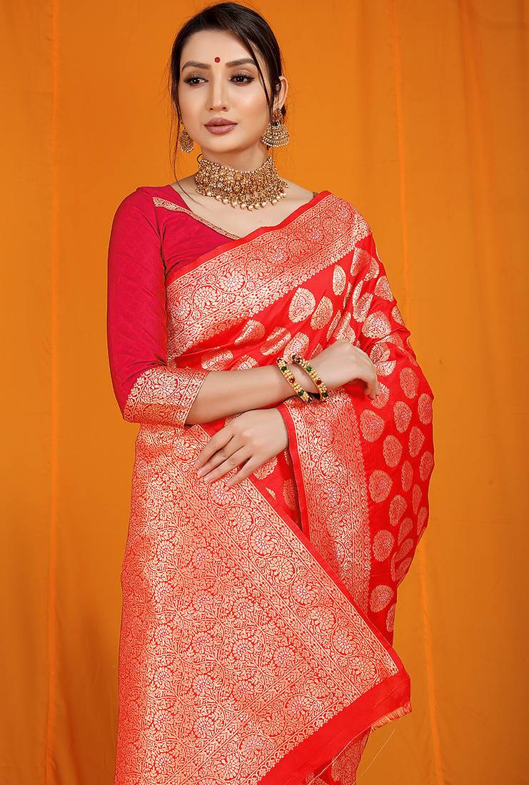 Red banarasi silk blend saree with rich gold zari weaving & brocade pallu