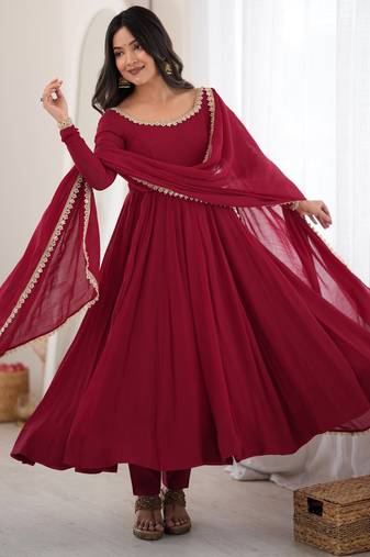 Maroon heavy pure mal chanderi anarkali gown set with mirror lace dupatta & pants