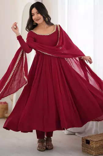 Maroon heavy pure mal chanderi anarkali gown set with mirror lace dupatta & pants