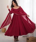 Maroon heavy pure mal chanderi anarkali gown set with mirror lace dupatta & pants